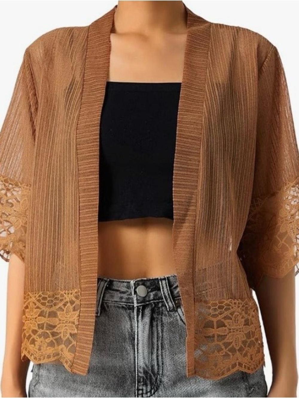 Kiluex Russet Brown Lace-Trim Open front kimono cover up size XL